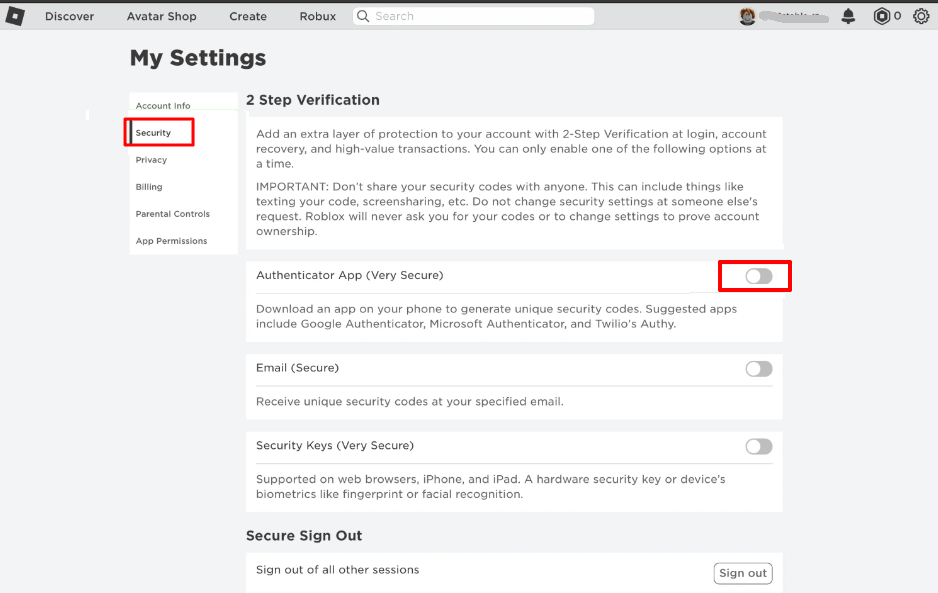 enable Two-Factor Authentication for Roblox
