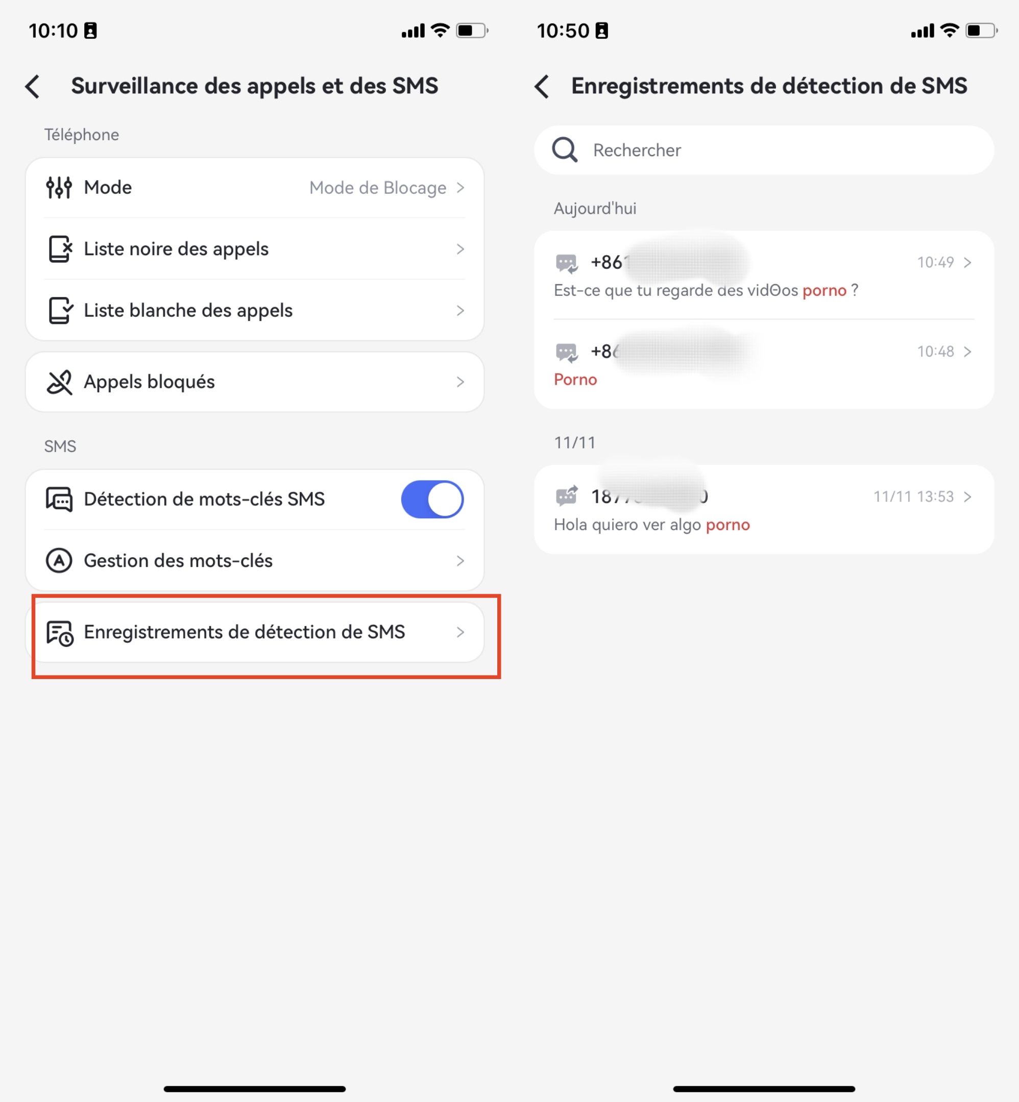 Afficher les enregistrements de détection de SMS depuis Surveillance des appels et des SMS