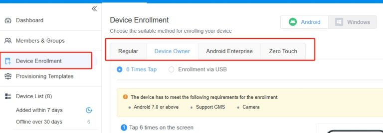 Device registration interface