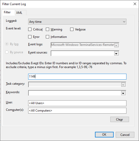 filter RDP logs