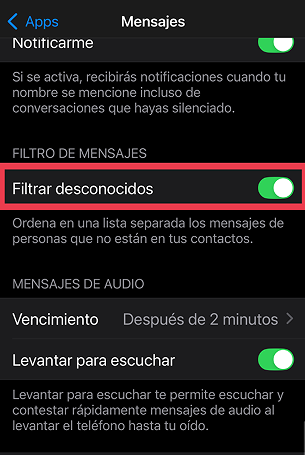 filtrar desconocidos en mensajes