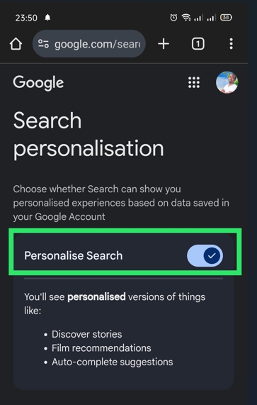 toggle the switch next to personalize search off