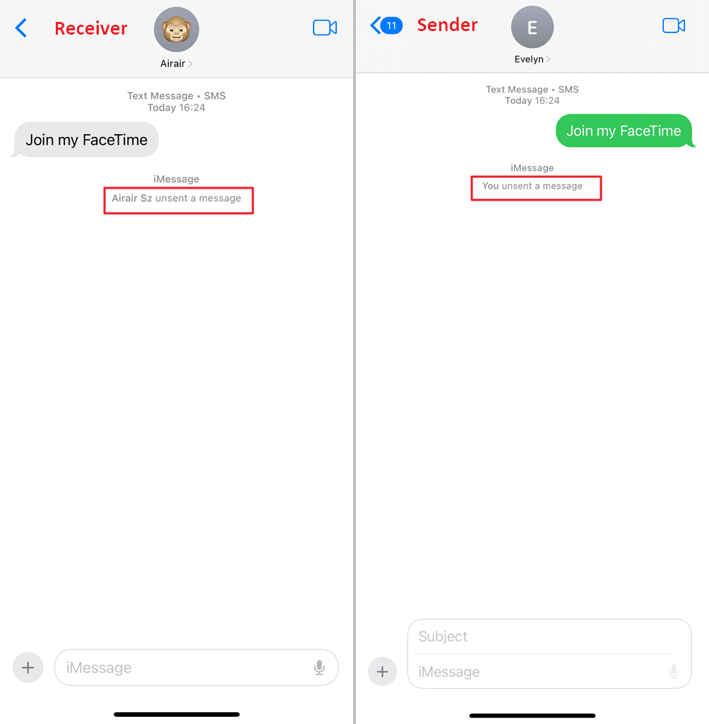 iMessage notifies unsend a message