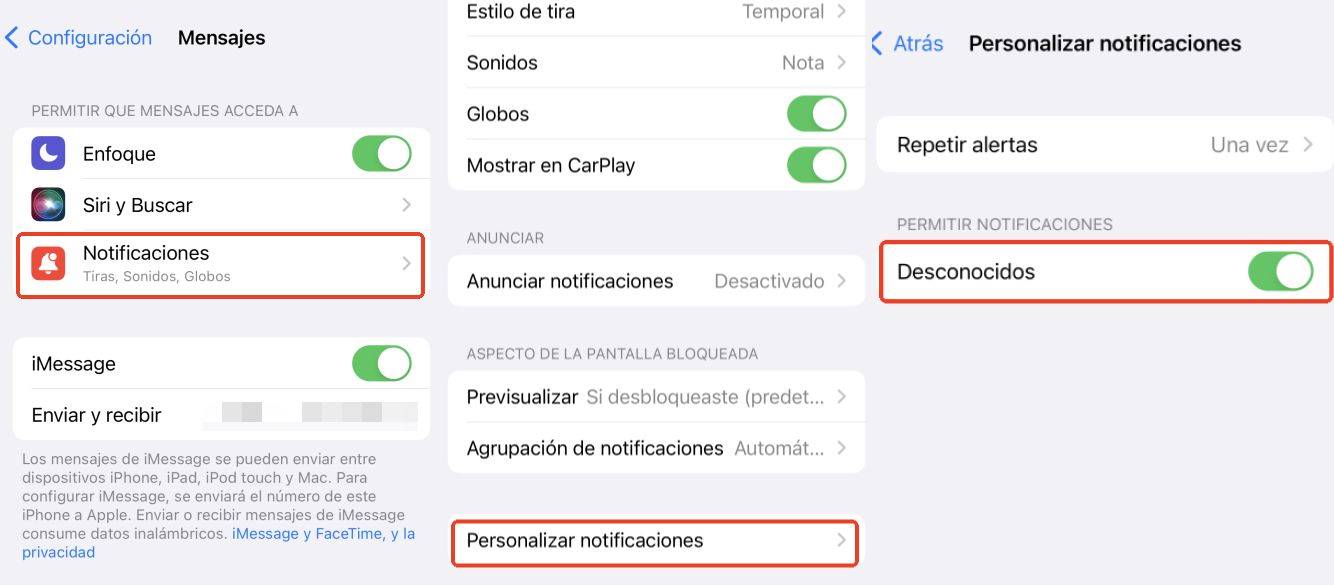 desactivar notificaciones de mensajes desconocidos