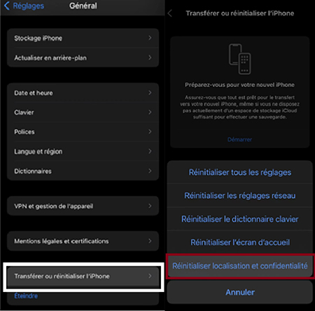 Choisir Réinitialiser Et Puis Réinitialiser Localisation Et Confidentialité