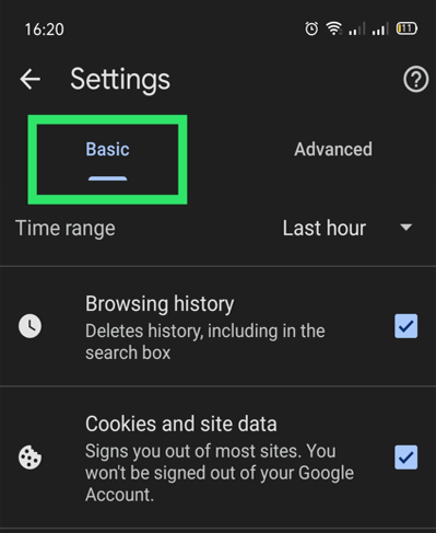 basic browsing data settings in chrome