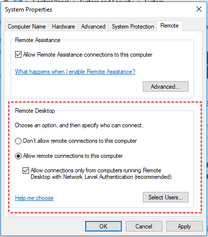 remote desktop allow connection