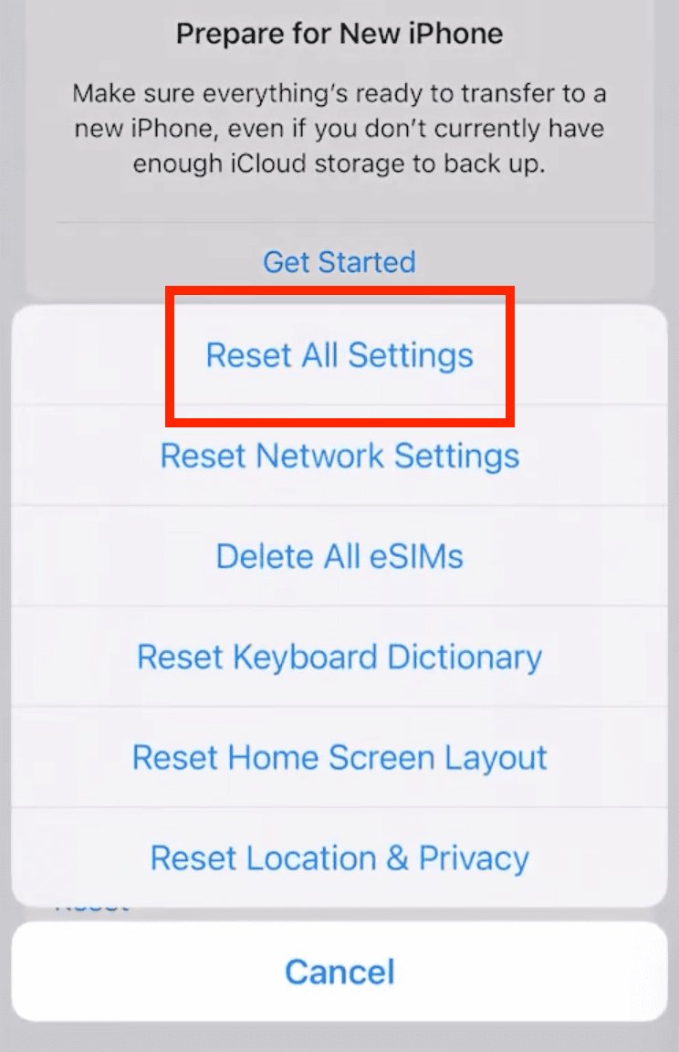 reset all settings