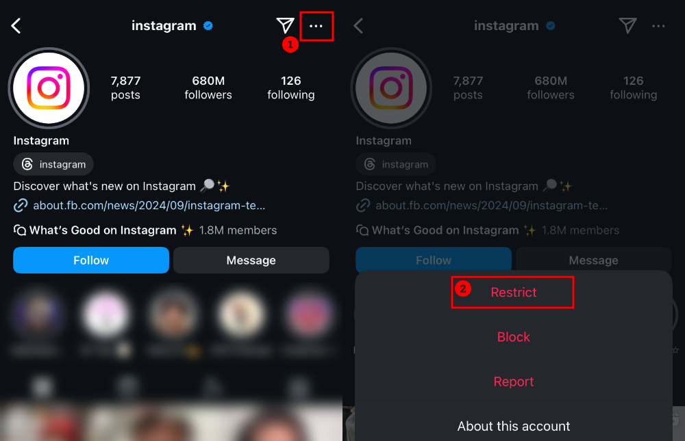 restrict someone from their profile page on Instagram