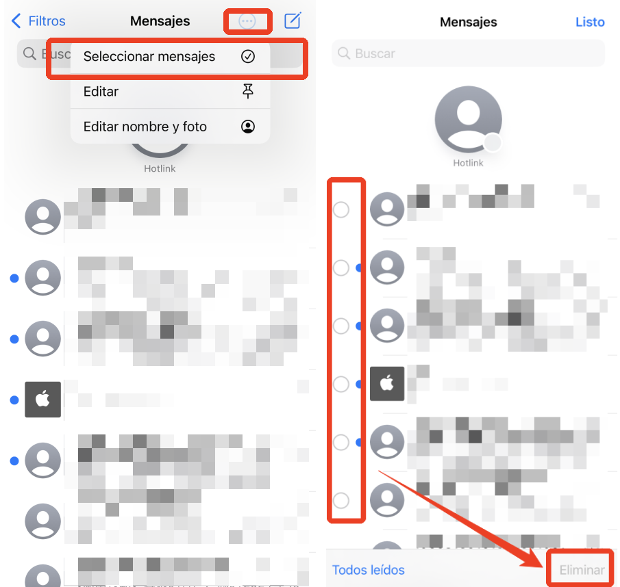 seleccionar chat para eliminar sms en iphone