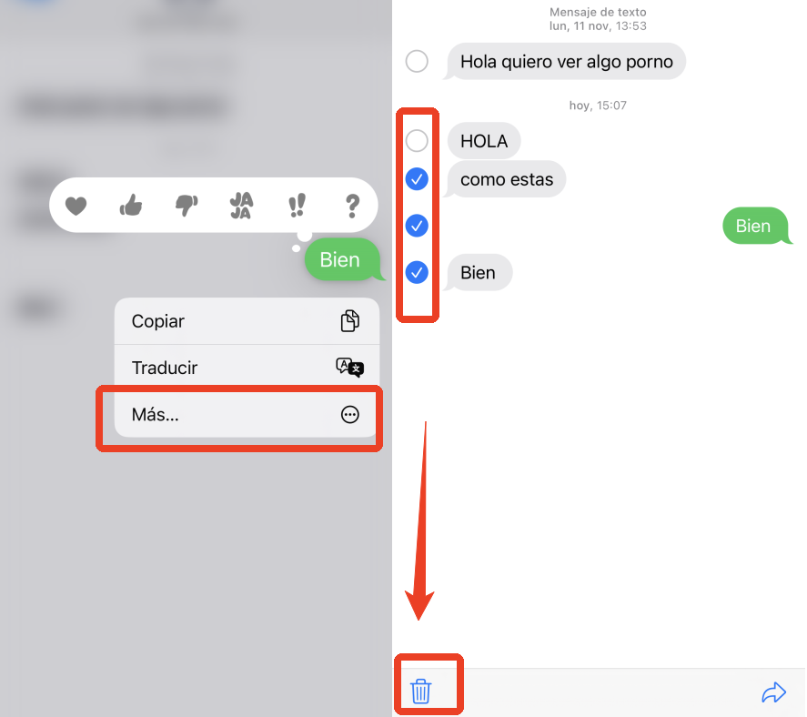 seleccionar mensaje para eliminar sms en iphone