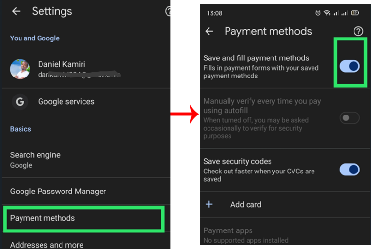 select payment methods then toggle the save and fill payment methods switch to the off position