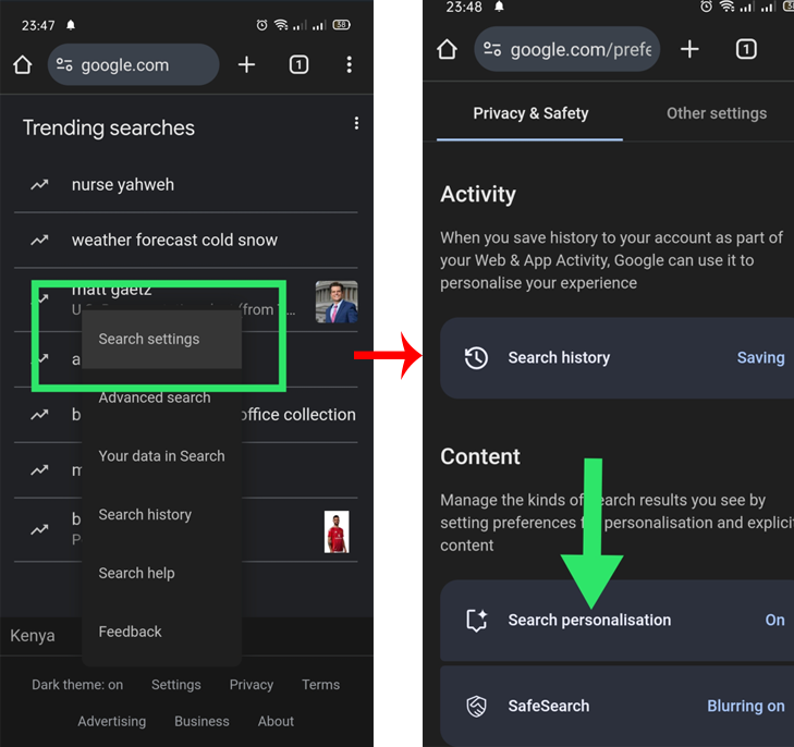 tap search settings and tap search personalization