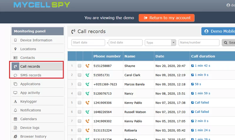 track calls and texts from another phone via MYCELL SPY