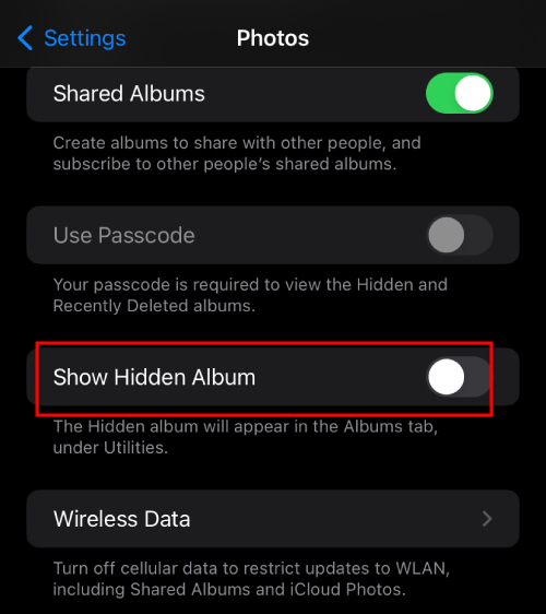 turn off show hidden album iPhone