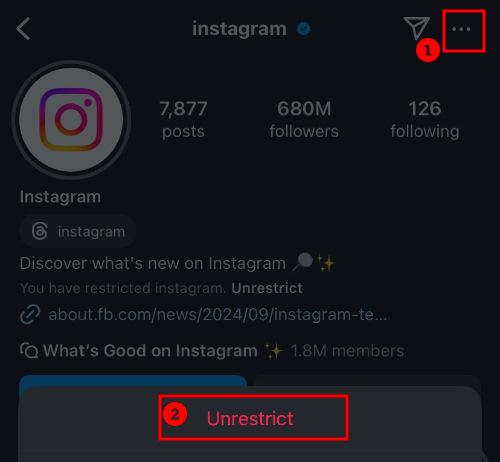 unrestrict someone from their profile page on Instagram