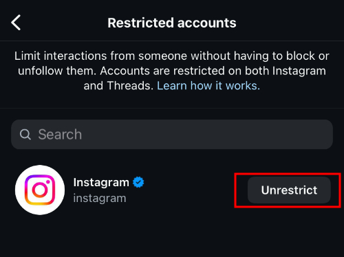 unrestrict someone on Instagram from Restrcited settings