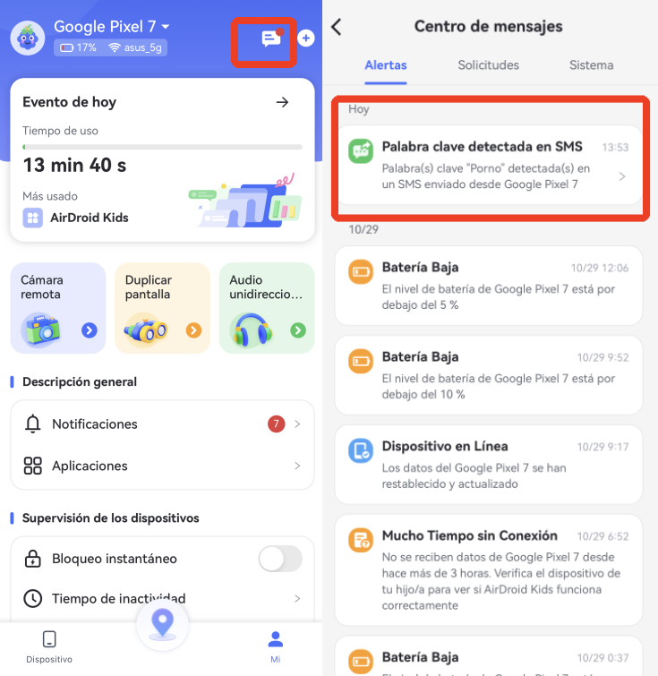 ver los registros de detección de SMS del Centro de Llamadas y Mensajes