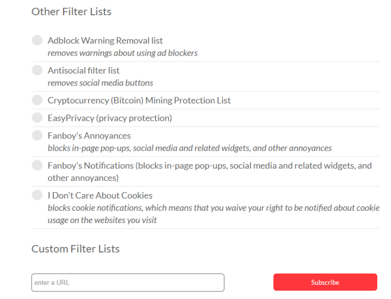 Custom Filter List