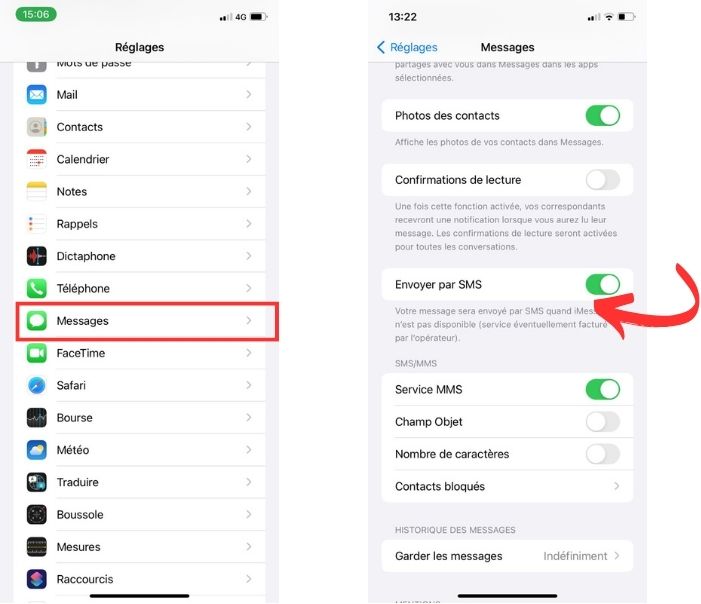 Activer les options SMS et MMS