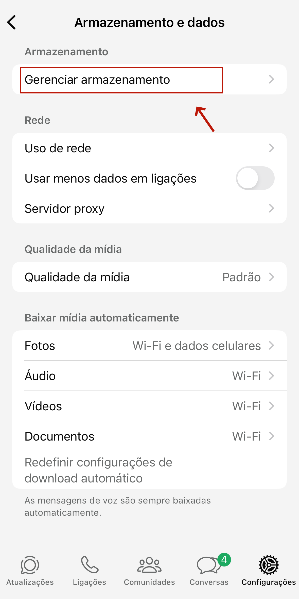 Vá até Armazenamento de Dados