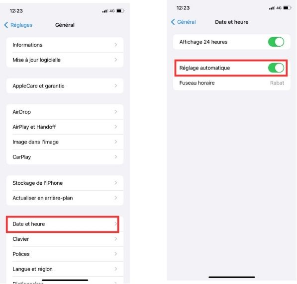 Vérifier les réglages de la date et de l'heure iPhone