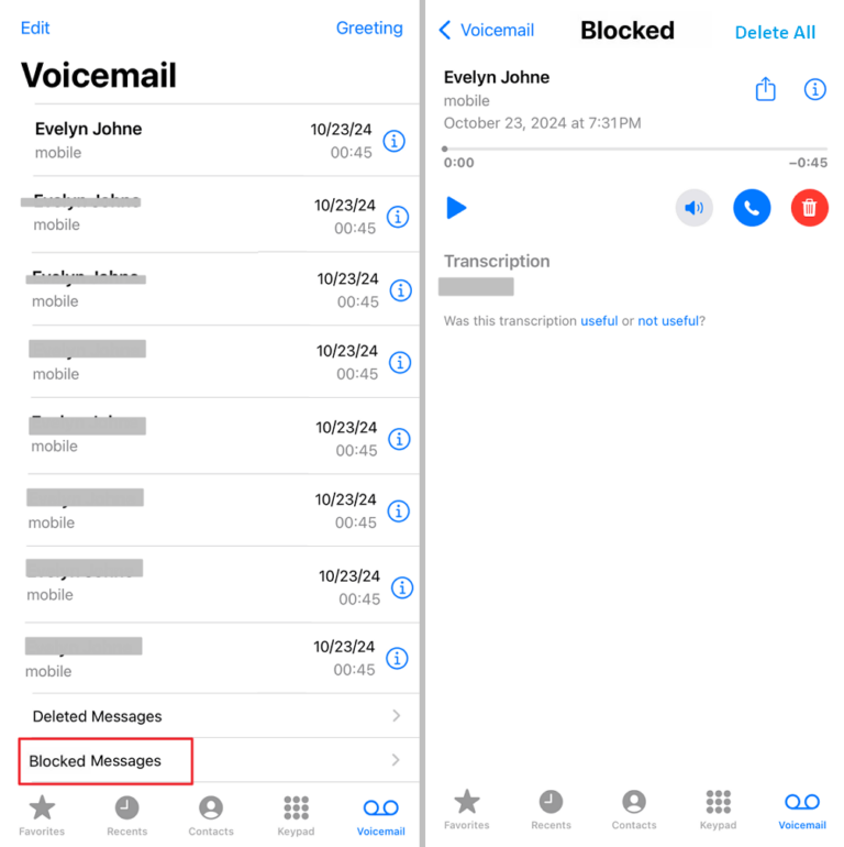 view voicemails left by blocked numbers