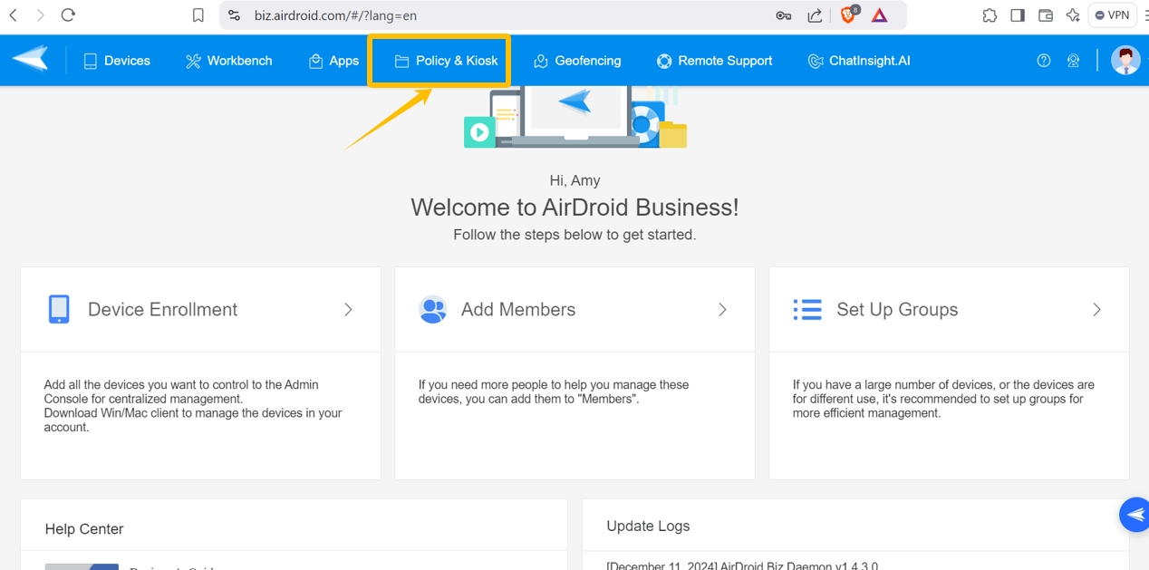 4.1 Login AirDroid Business and open Policy & Kiosk