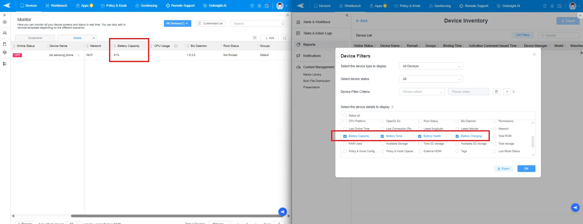 battery status airdroid business console
