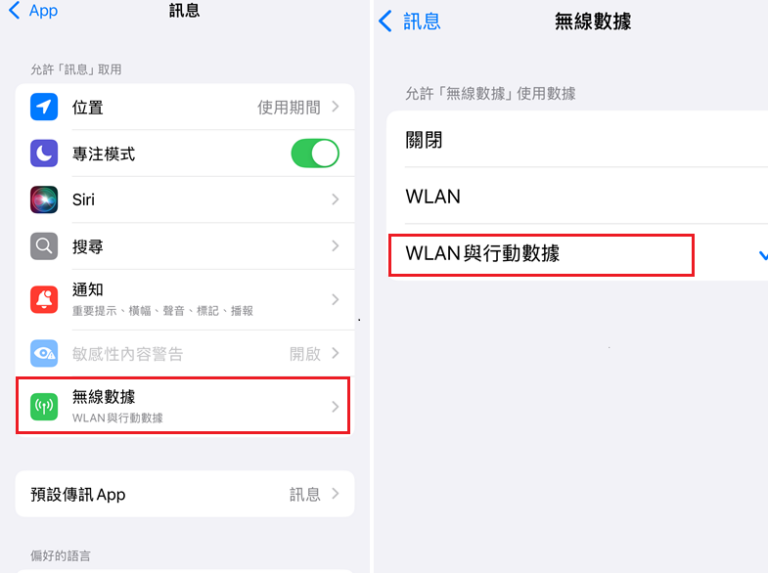 允許訊息取用WLAN與行動數據