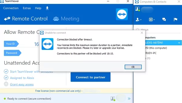 connection blocked after timeout teamviewer 2