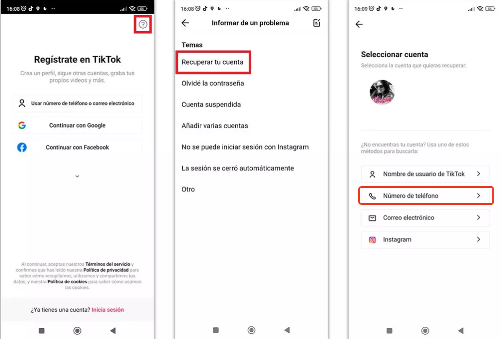 Recuperar cuenta de TikTok con número de teléfono