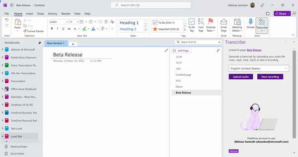 OneNote transcribe voice memo