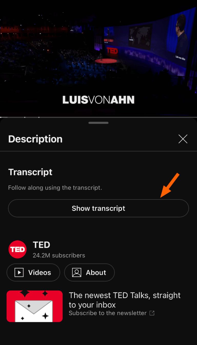 YouTube app show transcript