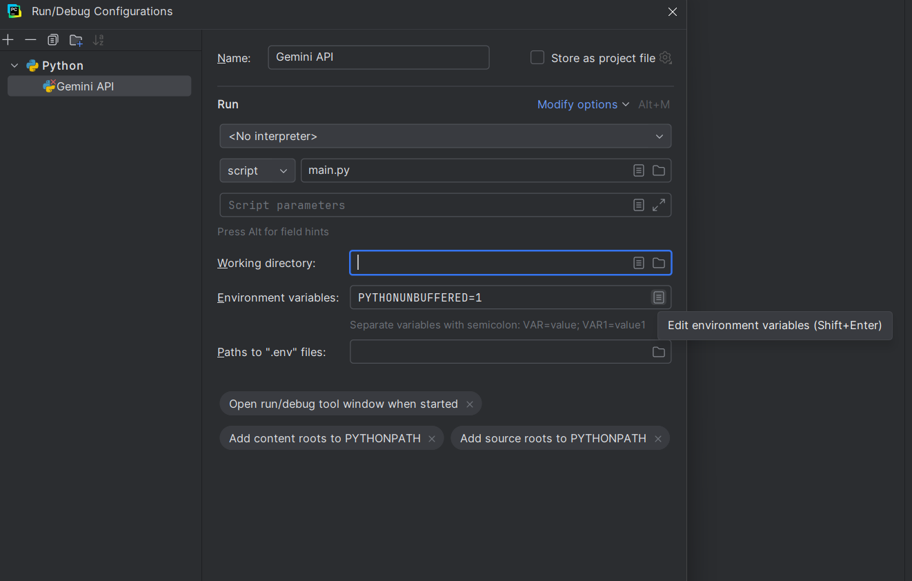 PyCharm Python edit environment variables