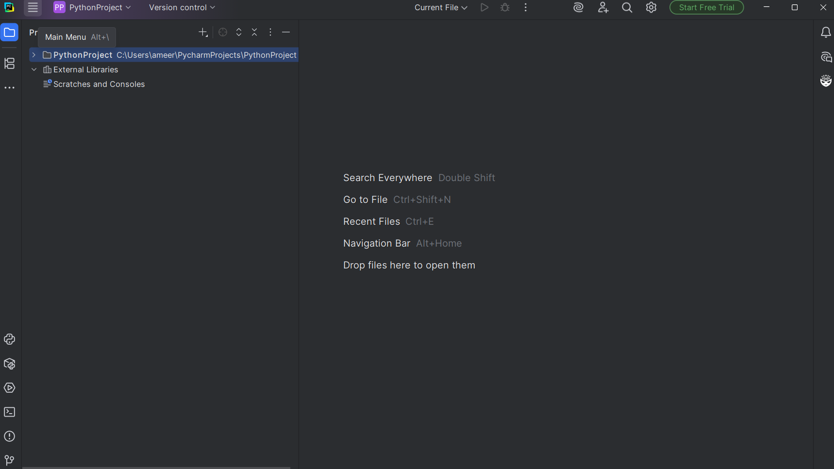 PyCharm open main menu