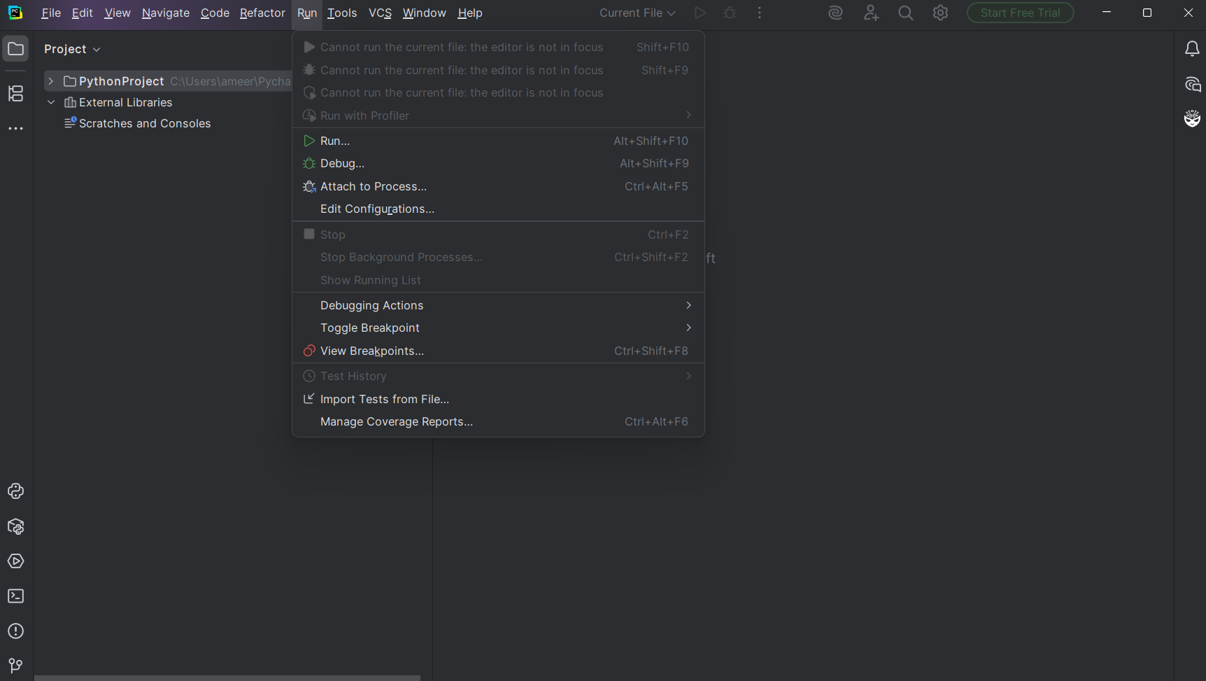 PyCharm rap Run on taskbar