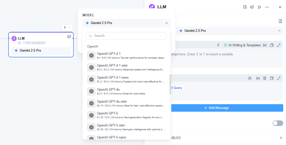 select LLM model on workflow