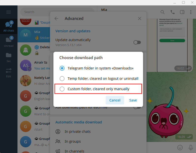 change Telegram download location
