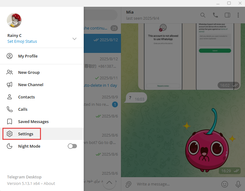 Telegram settings on PC