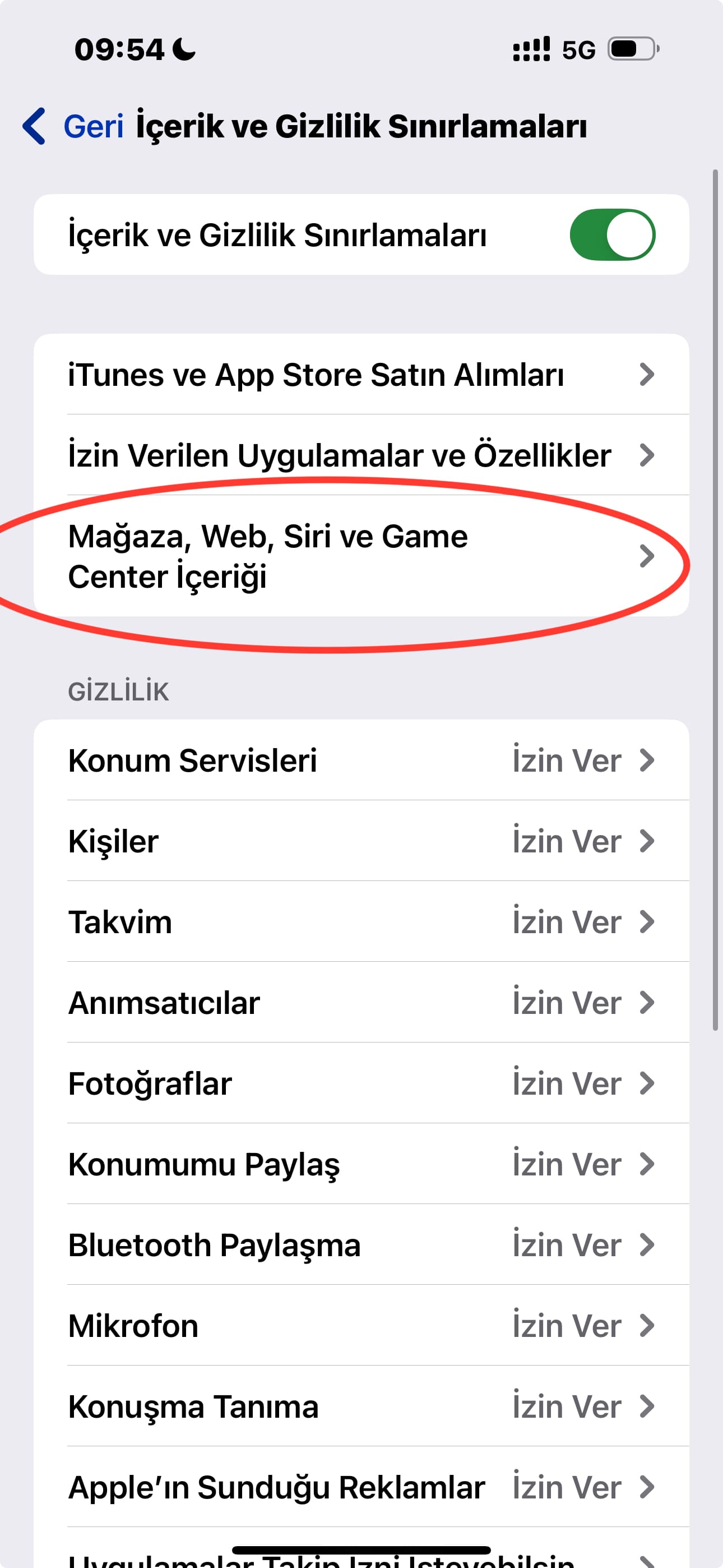 İçerik Sınırlamaları menüsü