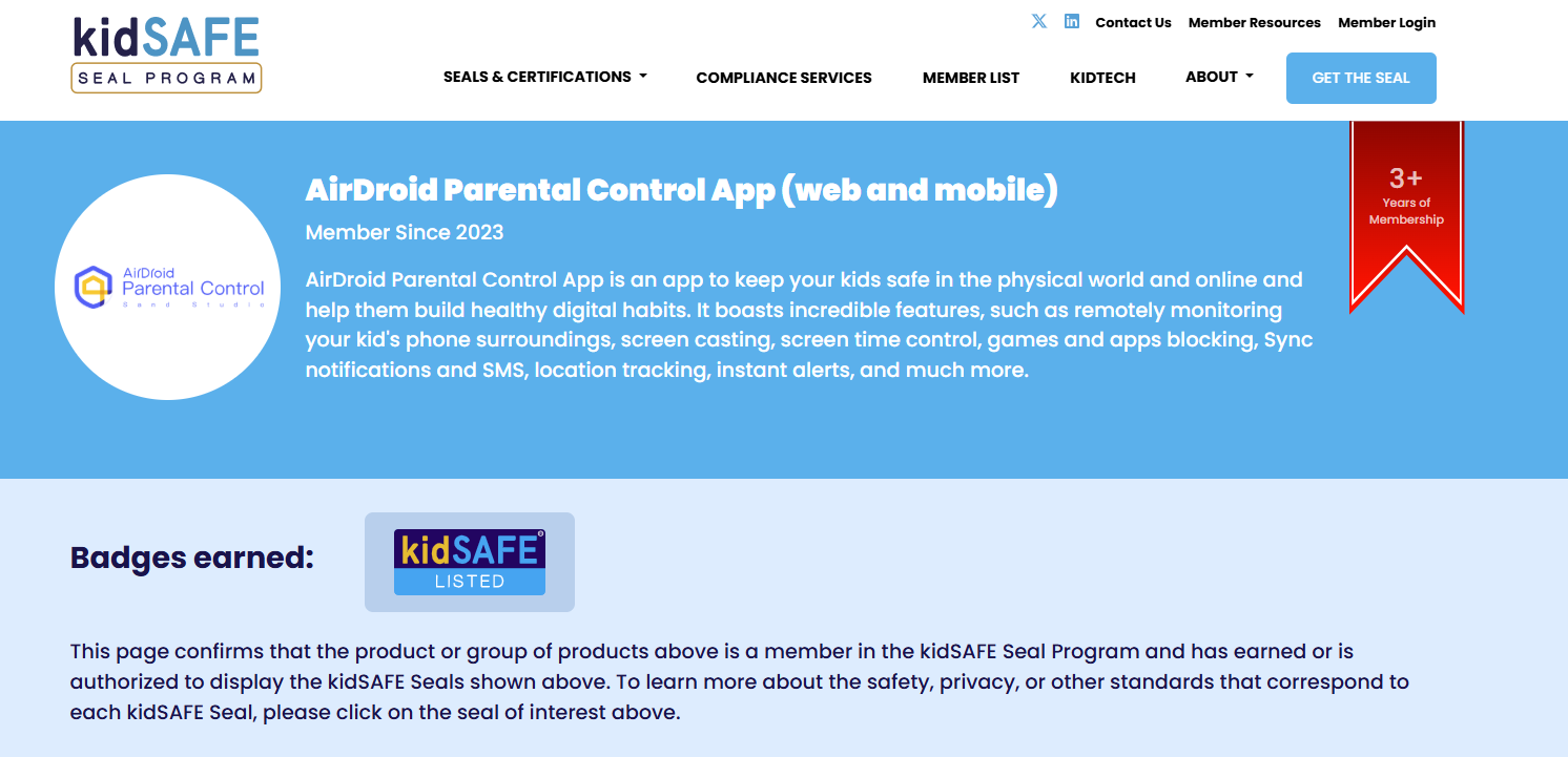 kidsafe seal award about airdroid