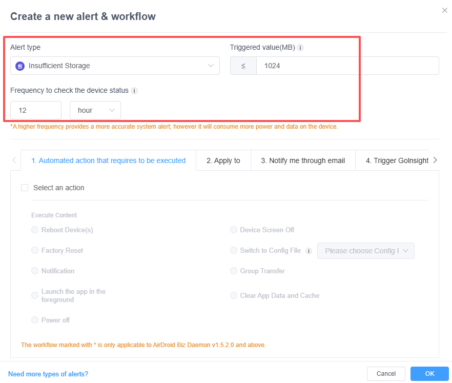 create insufficient storage alert