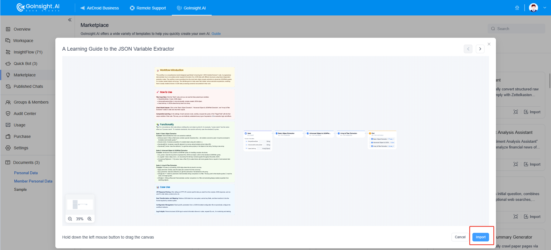 preview and import workflow template