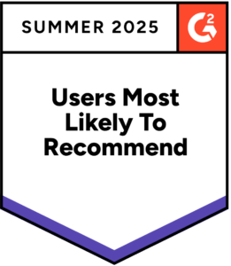 G2 Summer 2025 Users Most Likely to Recommend badge