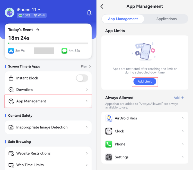 tap Add Schedule in AirDroid App Limits