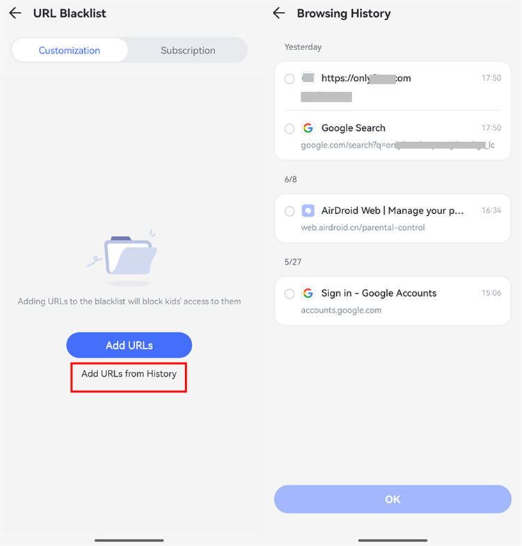 Add url blacklist on AirDroid
