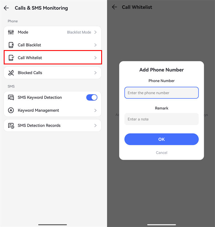 add the phone numbers to whitelist on AirDroid
