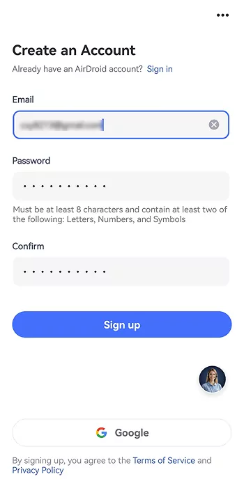 sign up page of AirDroid Parental Control