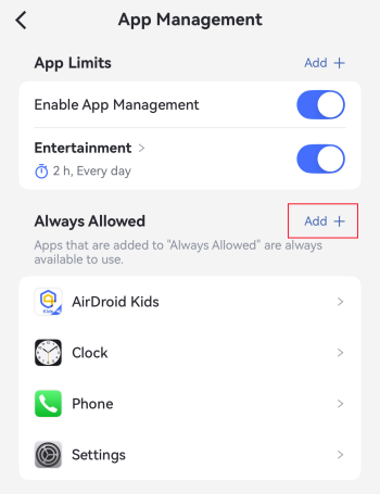add always allowed app in AirDroid